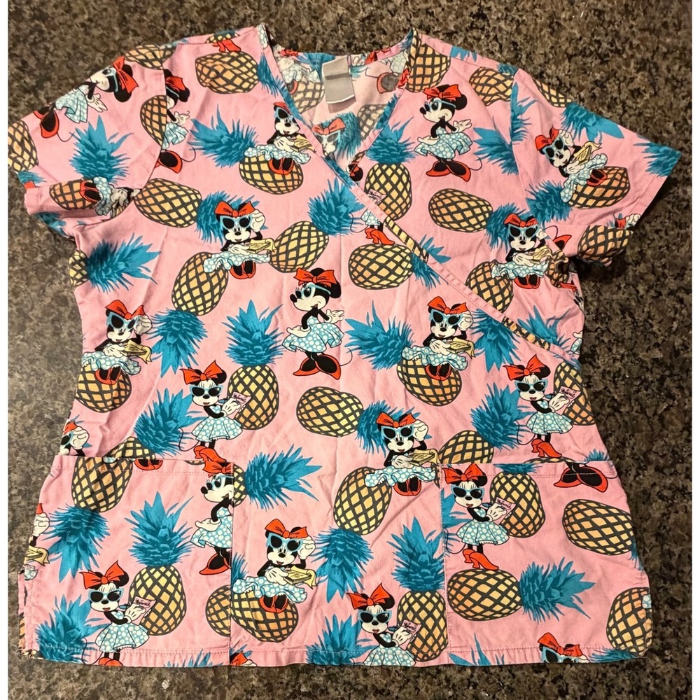 Disney Minnie Mouse Pineapple Scrub Top Pink Tropical V-Neck Medical Uniform L‎